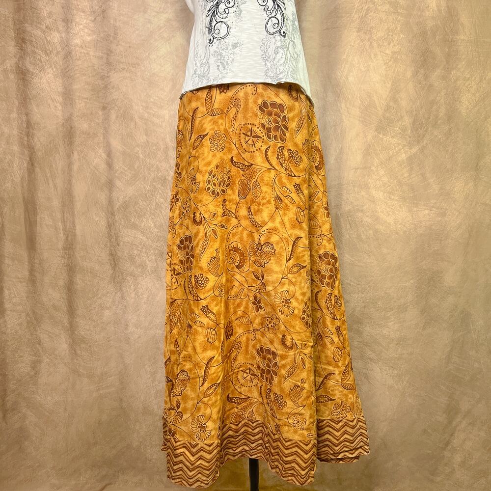 Vintage Floral Boho Maxi Skirt Tan Graphic Print Earthy Peasant 90s St Johns Bay